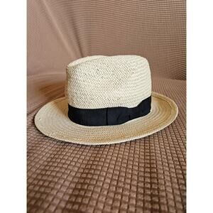 Old Navy Women's Paper Straw Hat Fedora with Black Ribbon Bow Trim Size Small